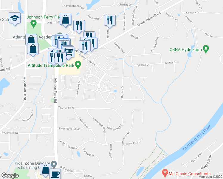 map of restaurants, bars, coffee shops, grocery stores, and more near 401 Park Ridge Circle in Marietta