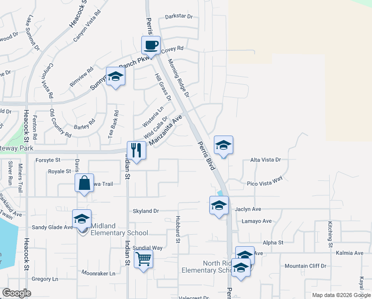 map of restaurants, bars, coffee shops, grocery stores, and more near 24821 Candlenut Court in Moreno Valley