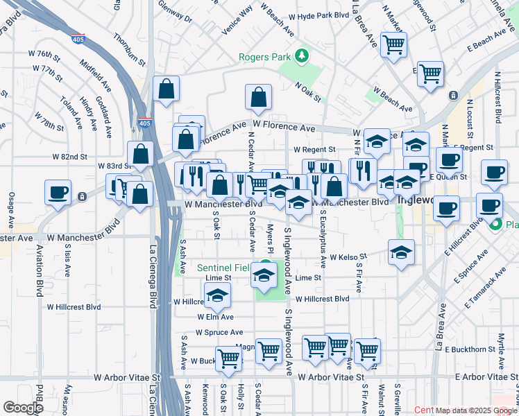 map of restaurants, bars, coffee shops, grocery stores, and more near 440 West Manchester Boulevard in Inglewood