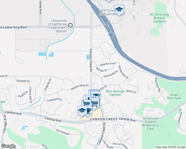 map of restaurants, bars, coffee shops, grocery stores, and more near 5005 Pearblossom Drive in Riverside