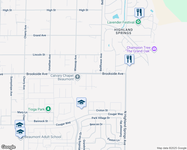 map of restaurants, bars, coffee shops, grocery stores, and more near 11010 Sandra Drive in Cherry Valley