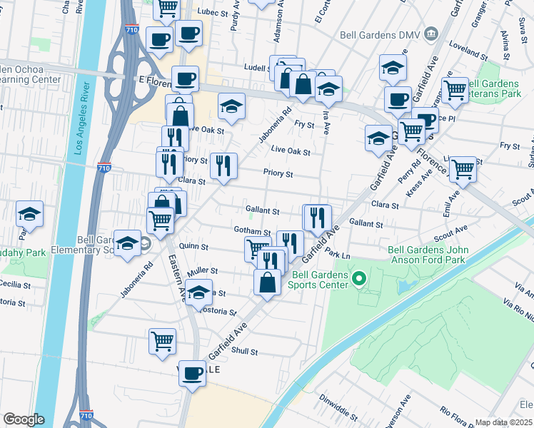 map of restaurants, bars, coffee shops, grocery stores, and more near 7804 Gephart Avenue in Bell Gardens