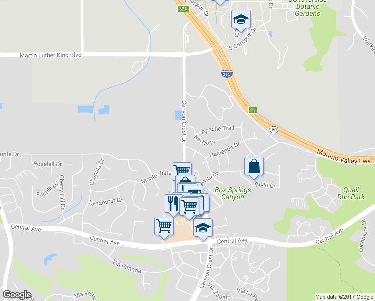 map of restaurants, bars, coffee shops, grocery stores, and more near 5005 Pearblossom Drive in Riverside