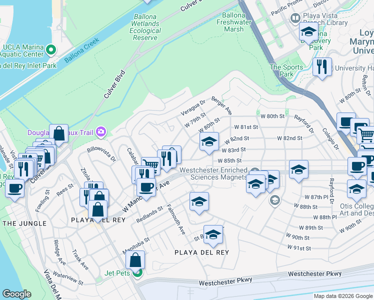 map of restaurants, bars, coffee shops, grocery stores, and more near 7935 West 80th Street in Los Angeles