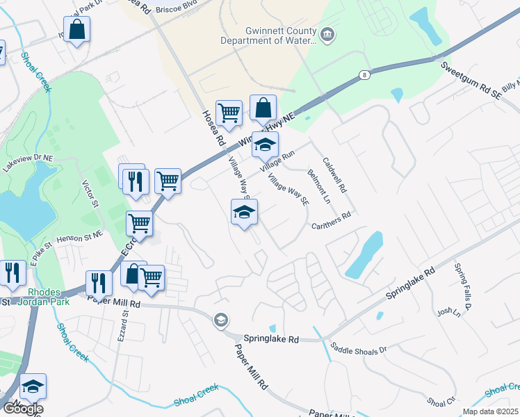 map of restaurants, bars, coffee shops, grocery stores, and more near 444 Bramden Circle in Lawrenceville
