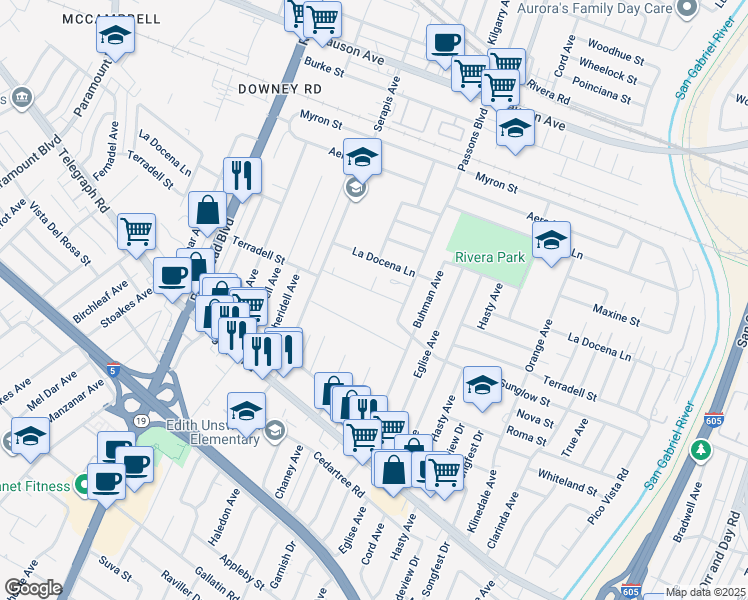 map of restaurants, bars, coffee shops, grocery stores, and more near 9314 Charlesworth Road in Pico Rivera