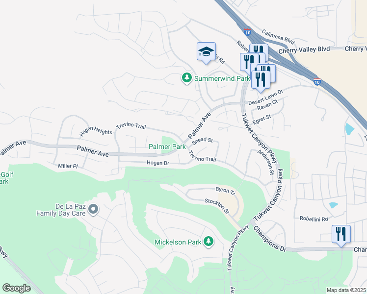 map of restaurants, bars, coffee shops, grocery stores, and more near 35309 Trevino Trail in Beaumont