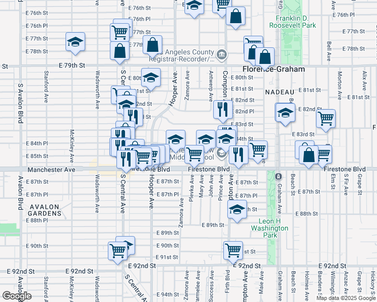 map of restaurants, bars, coffee shops, grocery stores, and more near 8469 Zamora Avenue in Los Angeles