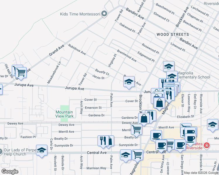 map of restaurants, bars, coffee shops, grocery stores, and more near 5995 Palm Avenue in Riverside