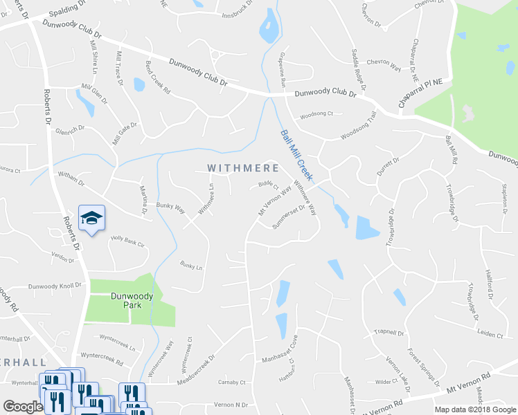 map of restaurants, bars, coffee shops, grocery stores, and more near 5482 Mount Vernon Way in Dunwoody