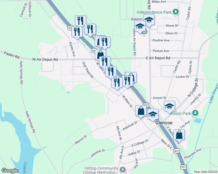 map of restaurants, bars, coffee shops, grocery stores, and more near 104 Briarmeade Drive in Glencoe