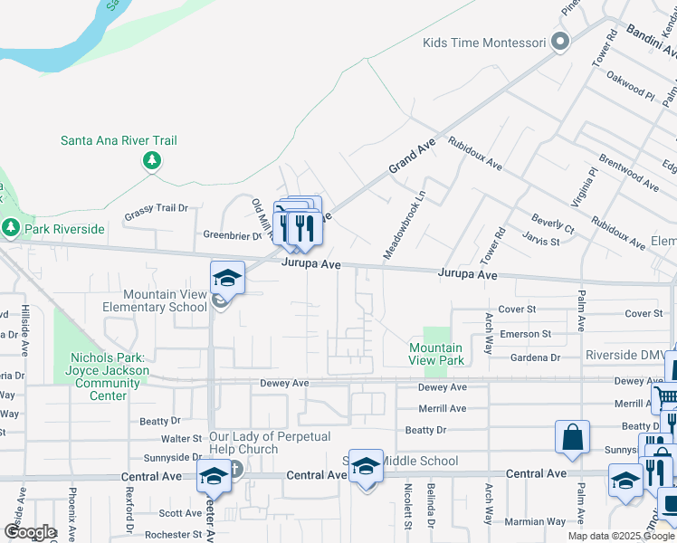 map of restaurants, bars, coffee shops, grocery stores, and more near 4985 Jurupa Avenue in Riverside