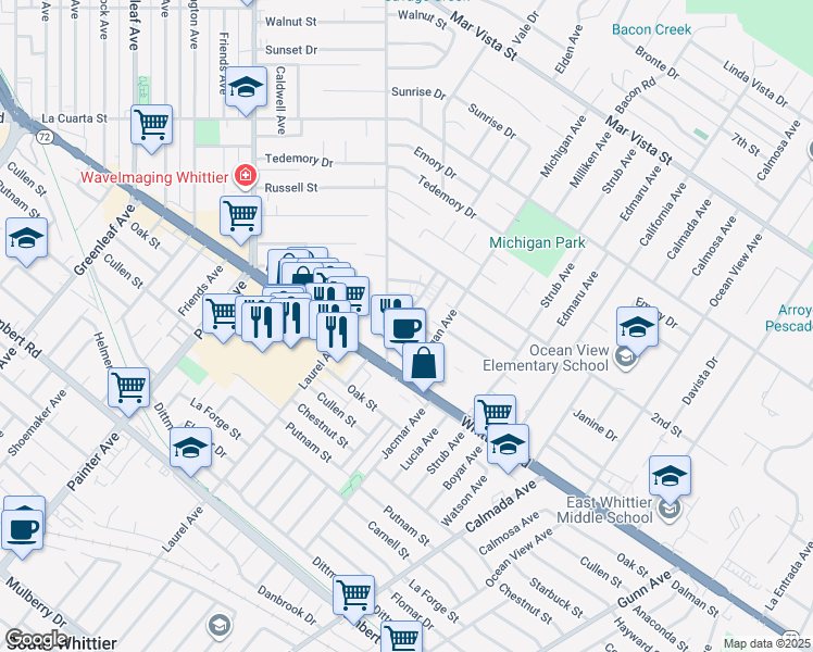 map of restaurants, bars, coffee shops, grocery stores, and more near 13902 High Street in Whittier