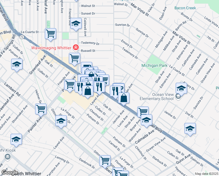 map of restaurants, bars, coffee shops, grocery stores, and more near 13801 Christine Drive in Whittier