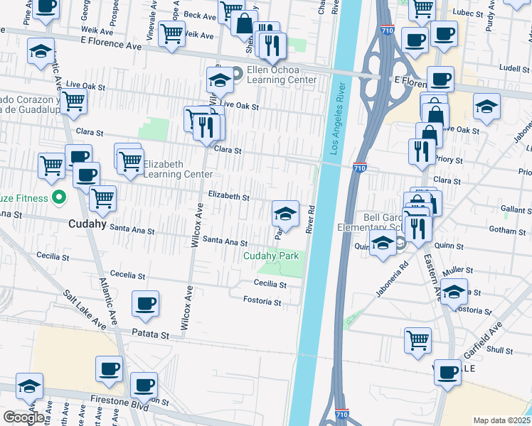 map of restaurants, bars, coffee shops, grocery stores, and more near 5212 1/2 Elizabeth Street in Bell Gardens