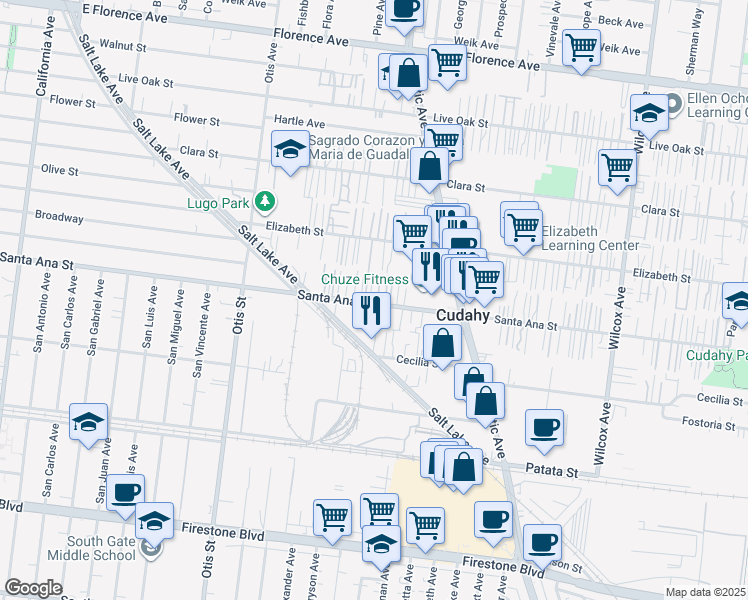 map of restaurants, bars, coffee shops, grocery stores, and more near 4447 Santa Ana Street in Cudahy