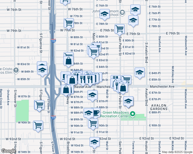 map of restaurants, bars, coffee shops, grocery stores, and more near 8464 South Main Street in Los Angeles