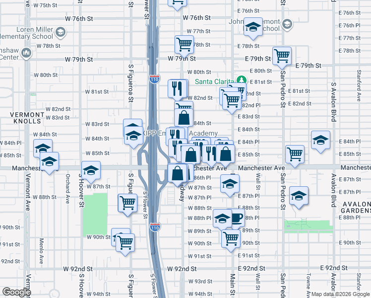 map of restaurants, bars, coffee shops, grocery stores, and more near 8500 South Broadway in Los Angeles
