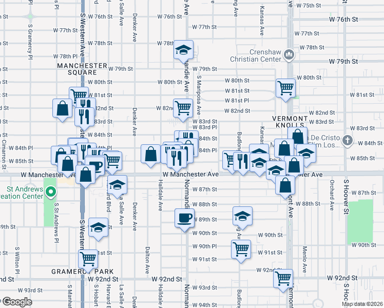 map of restaurants, bars, coffee shops, grocery stores, and more near 8451 South Normandie Avenue in Los Angeles
