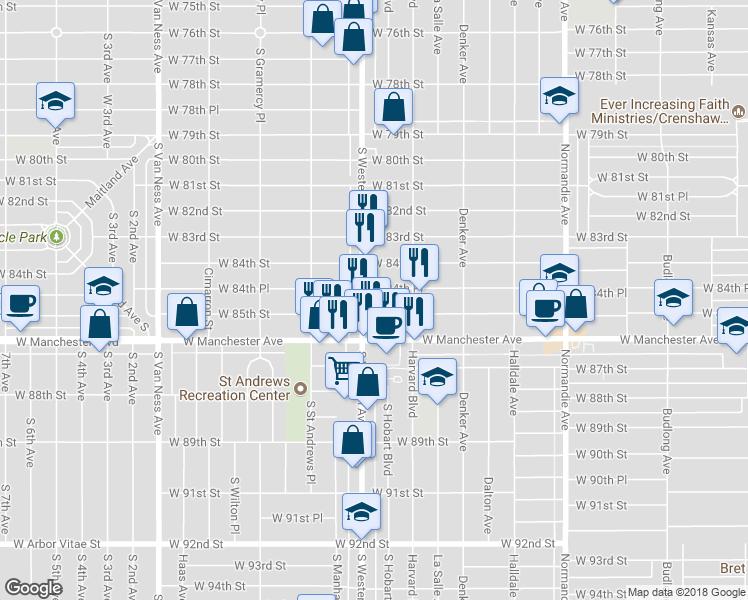 map of restaurants, bars, coffee shops, grocery stores, and more near 1732 West 84th Place in Los Angeles
