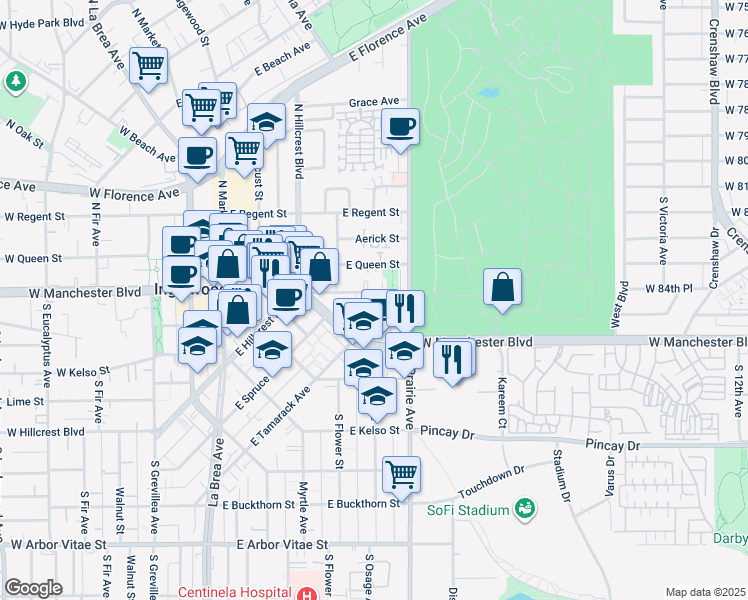 map of restaurants, bars, coffee shops, grocery stores, and more near 632 Manchester Terrace in Inglewood