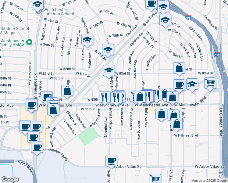 map of restaurants, bars, coffee shops, grocery stores, and more near 8426 Barnsley Avenue in Los Angeles