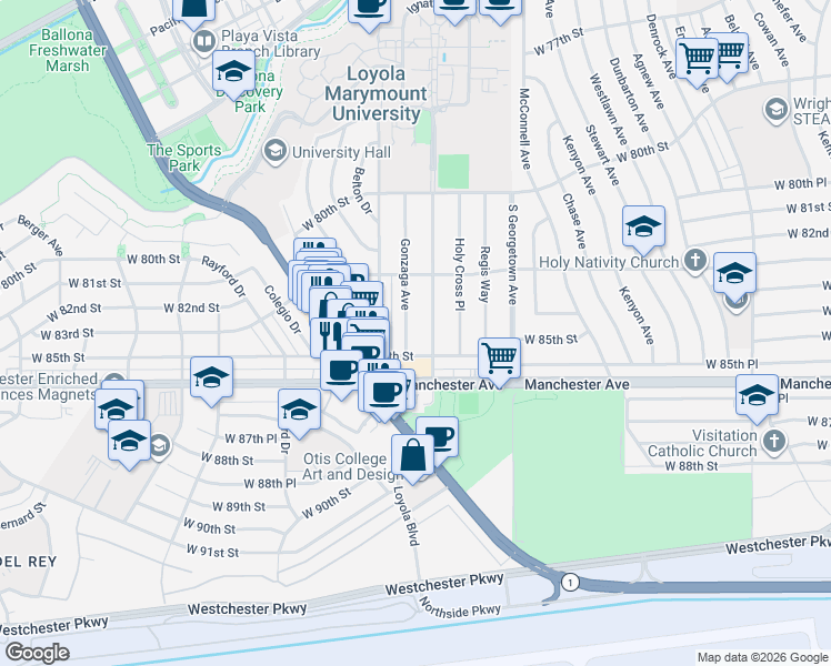 map of restaurants, bars, coffee shops, grocery stores, and more near 8404 Gonzaga Avenue in Los Angeles