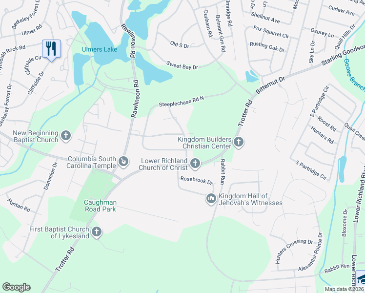 map of restaurants, bars, coffee shops, grocery stores, and more near 129 Steeplechase Road South in Columbia
