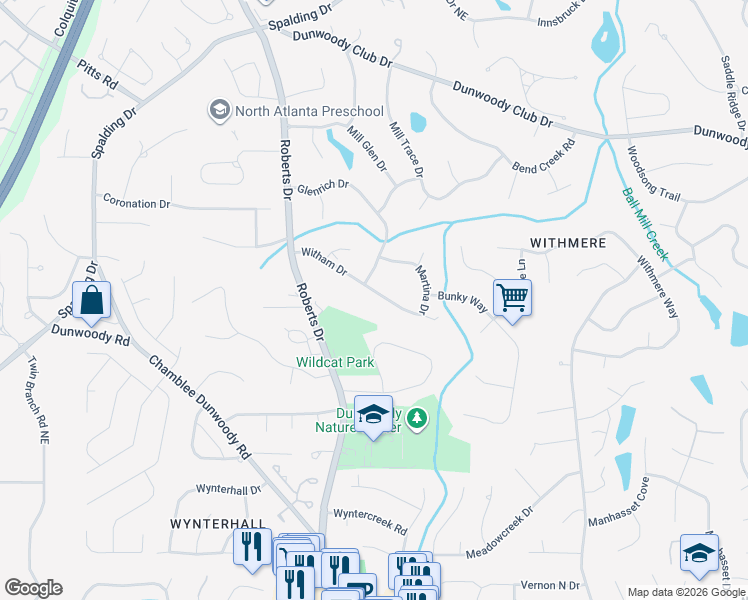 map of restaurants, bars, coffee shops, grocery stores, and more near 1317 Witham Drive in Dunwoody