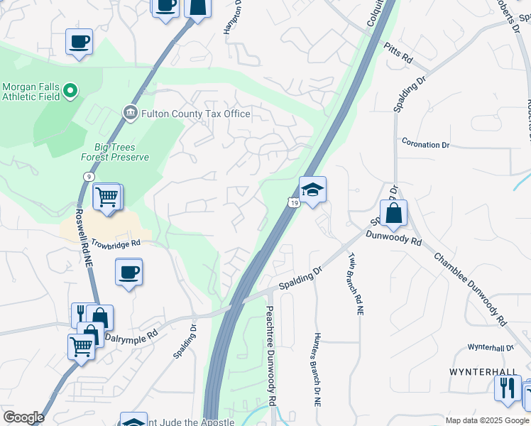 map of restaurants, bars, coffee shops, grocery stores, and more near 7580 Colquitt Road in Atlanta