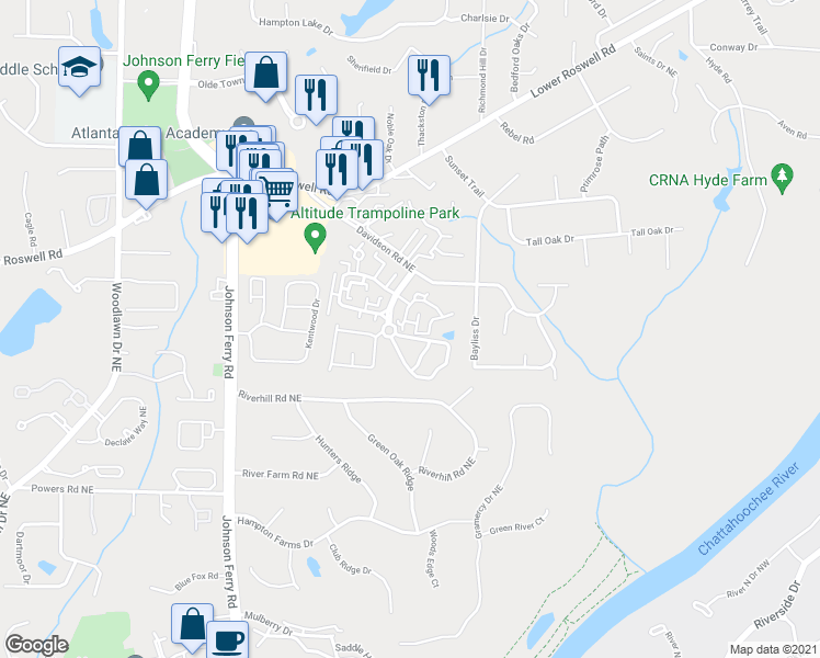 map of restaurants, bars, coffee shops, grocery stores, and more near 201 Park Ridge Circle in Marietta