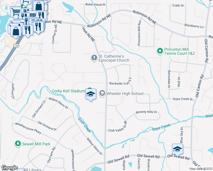 map of restaurants, bars, coffee shops, grocery stores, and more near 2588 Beckwith Trail South East in Marietta