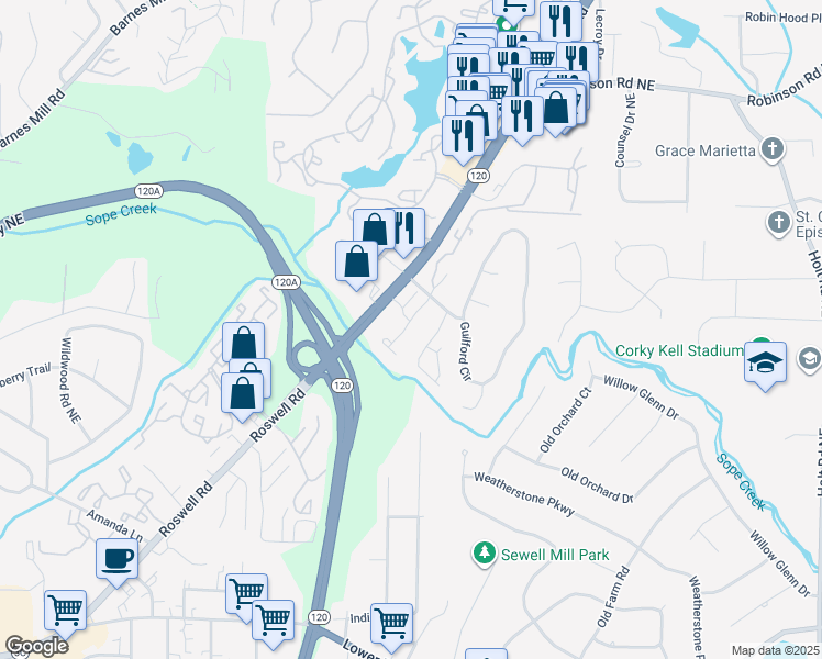 map of restaurants, bars, coffee shops, grocery stores, and more near 5 Sope Creek Ridge in Marietta