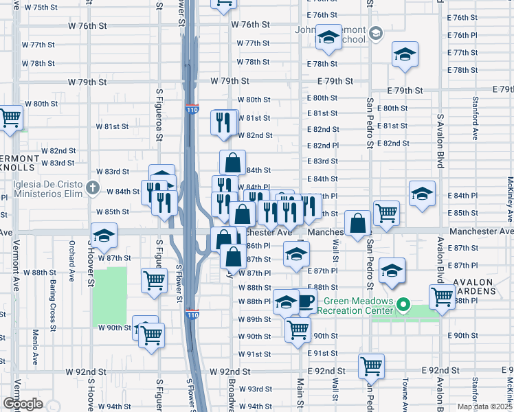 map of restaurants, bars, coffee shops, grocery stores, and more near 214 West 85th Street in Los Angeles