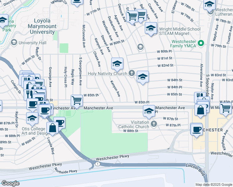 map of restaurants, bars, coffee shops, grocery stores, and more near 8369 Kenyon Avenue in Los Angeles