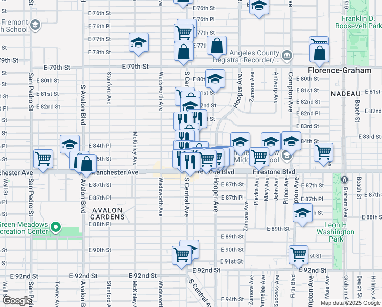 map of restaurants, bars, coffee shops, grocery stores, and more near 1121 East 85th Street in Los Angeles