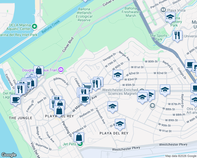 map of restaurants, bars, coffee shops, grocery stores, and more near 7956 West 79th Street in Los Angeles