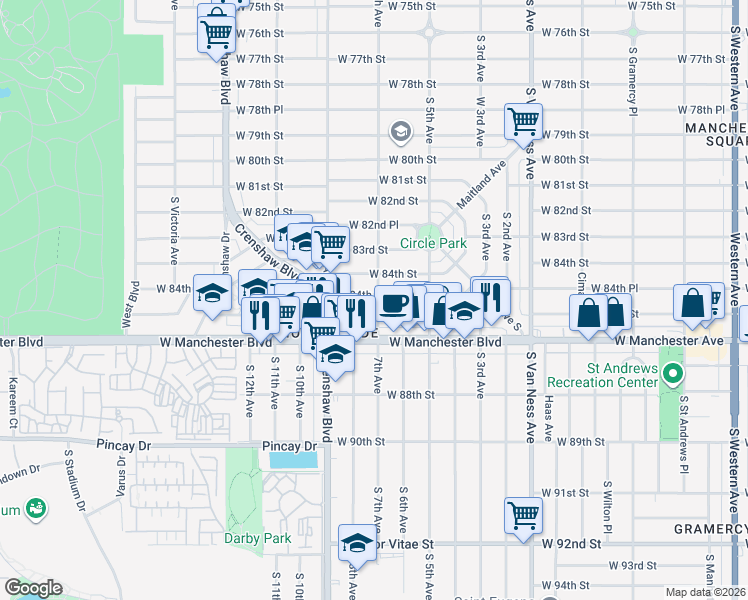 map of restaurants, bars, coffee shops, grocery stores, and more near 2900 West 84th Place in Inglewood