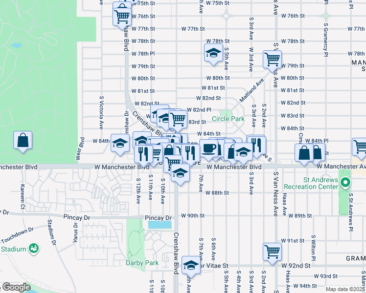 map of restaurants, bars, coffee shops, grocery stores, and more near 3010 West 84th Place in Inglewood