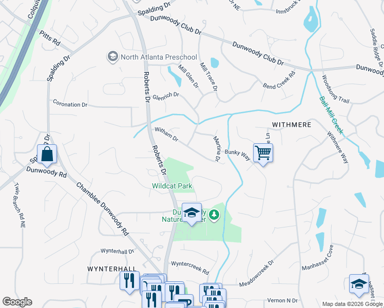 map of restaurants, bars, coffee shops, grocery stores, and more near 1317 Witham Drive in Dunwoody
