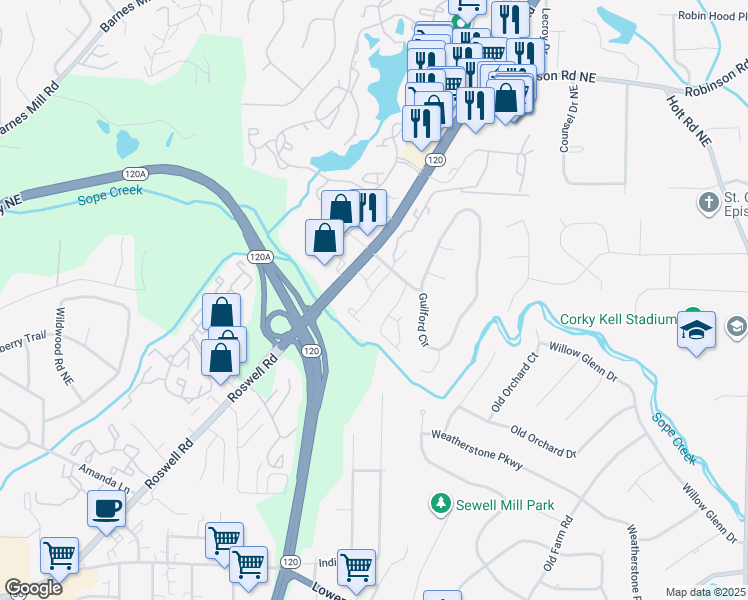 map of restaurants, bars, coffee shops, grocery stores, and more near 5 Sope Creek Ridge in Marietta
