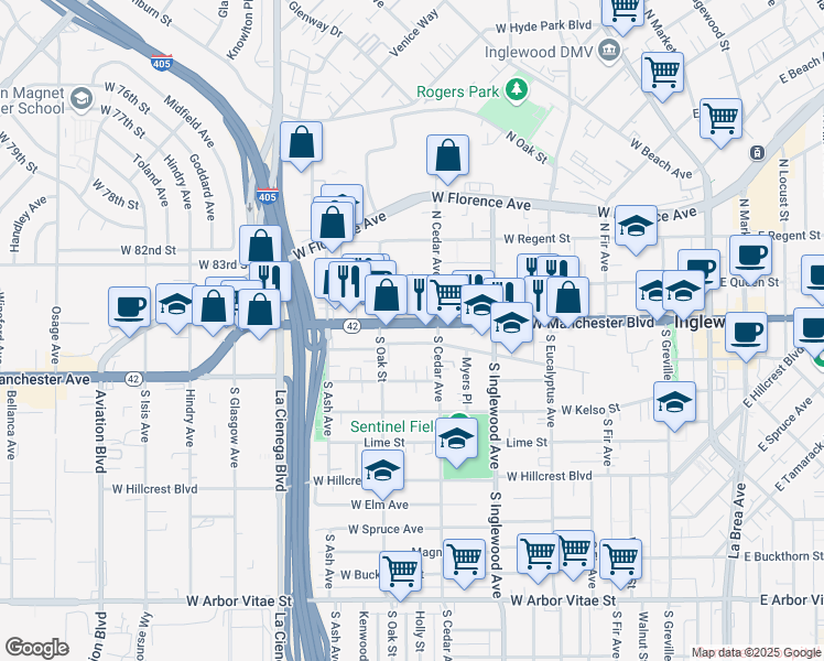 map of restaurants, bars, coffee shops, grocery stores, and more near 522 West Manchester Boulevard in Inglewood
