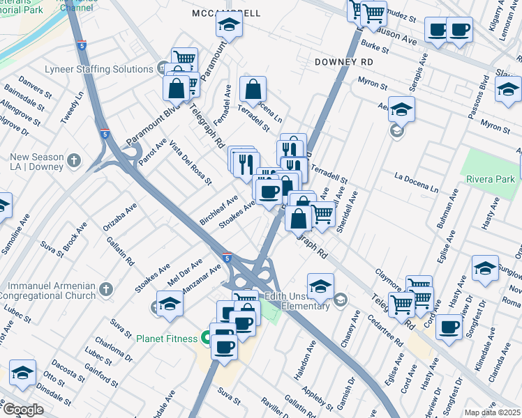 map of restaurants, bars, coffee shops, grocery stores, and more near 8823 Manzanar Avenue in Downey