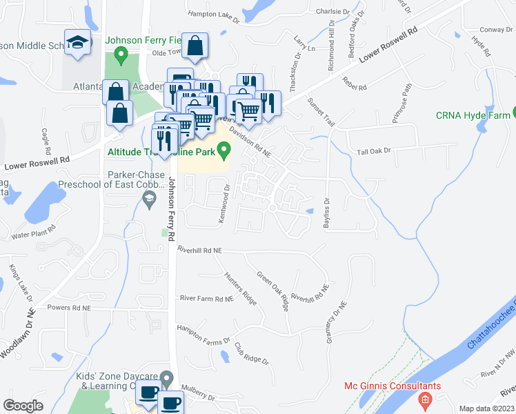 map of restaurants, bars, coffee shops, grocery stores, and more near 4932 Meadow Lane in Marietta