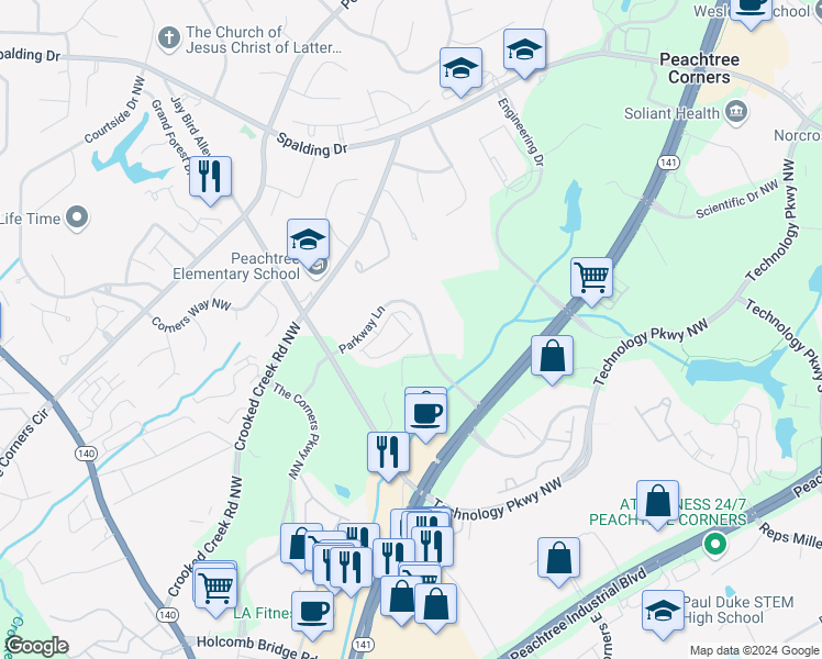 map of restaurants, bars, coffee shops, grocery stores, and more near 5298 Terrace Bend Place in Peachtree Corners
