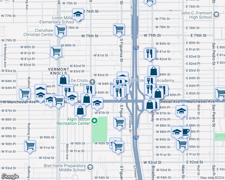 map of restaurants, bars, coffee shops, grocery stores, and more near 535 West 85th Street in Los Angeles