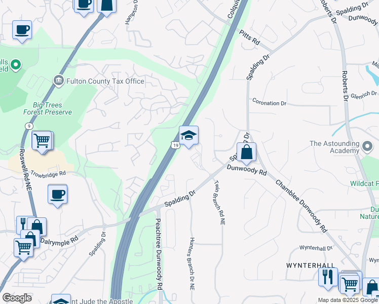 map of restaurants, bars, coffee shops, grocery stores, and more near 1130 Spalding Drive in Atlanta
