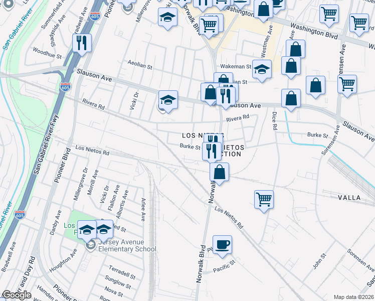 map of restaurants, bars, coffee shops, grocery stores, and more near 11480 Burke Street in Whittier