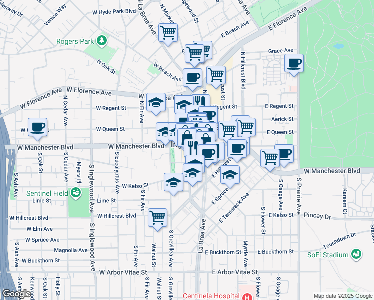 map of restaurants, bars, coffee shops, grocery stores, and more near in Inglewood