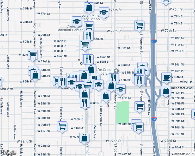 map of restaurants, bars, coffee shops, grocery stores, and more near 925 1/2 West 85th Street in Los Angeles